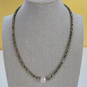 Lucas Lameth Sterling Silver Cream Pearl Charm Gold Tone Nugget Beaded Necklace